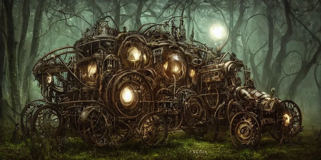 Prompt: magnificent mechanical steampunk vehicle with (((glowing))) lights abandoned in lush forest with vines hanging from tree branches, fog, desaturated, beautiful, creepy ambiance, 4k, sharp focus, highly detailed, artgerm, giger