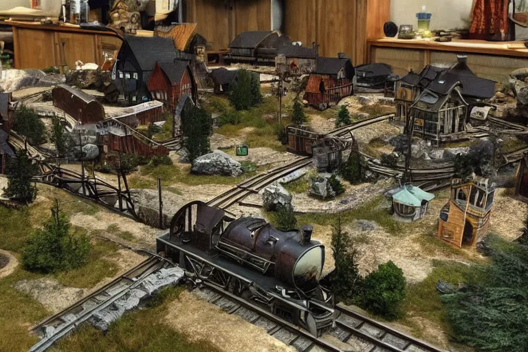 Image similar to A model train set in skyrim