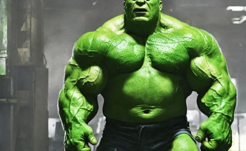 Prompt: a still of Brock Lesnar as The Incredible Hulk in Avengers Endgame,