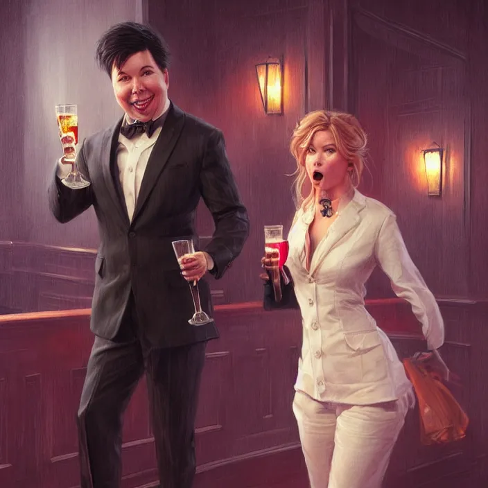 Image similar to portrait of michael mcintyre leaving a bar holding a singing waitress, elegant, real life skin, intricate artwork, high detailed, artstation, concept art, smooth, sharp focus, art by artgerm and greg rutkowski