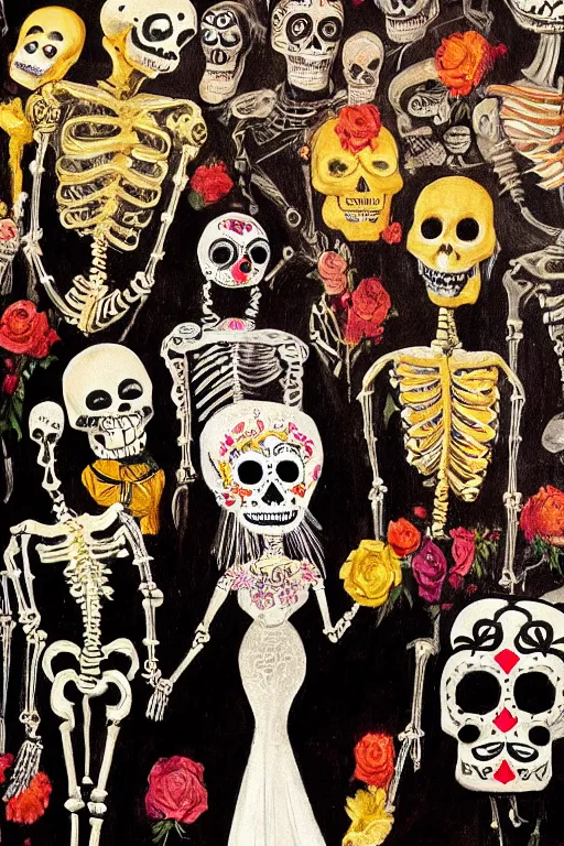 Image similar to scene from wedding, day of the dead, cyber skeletons, queen in black silk in the center, neon painting by otto dix