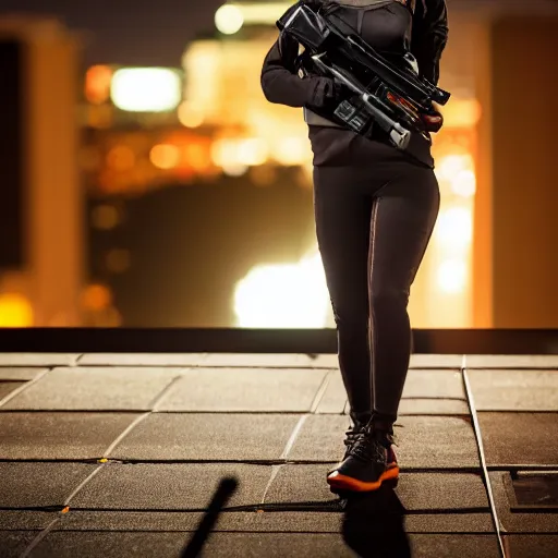 Image similar to photographic portrait of a techwear woman holding a Glock 18, closeup, on the rooftop of a futuristic city at night, sigma 85mm f/1.4, 4k, depth of field, high resolution, 4k, 8k, hd, full color