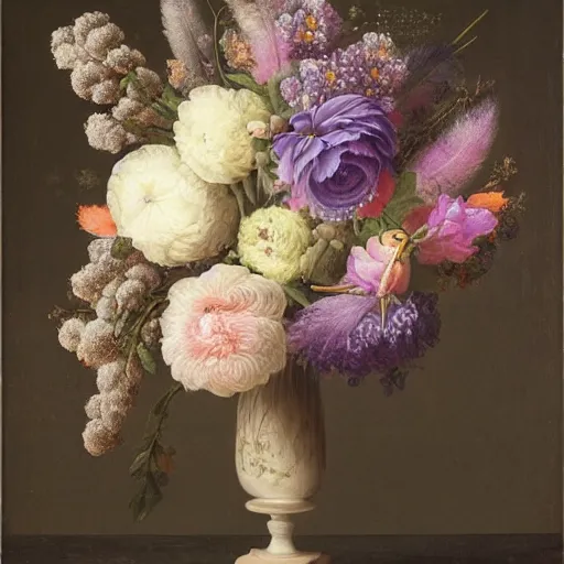 Image similar to still - life of bouquet of lilac and ranunculus with honeycomb bees and birds feathers, rachel ruysch, dark, moody