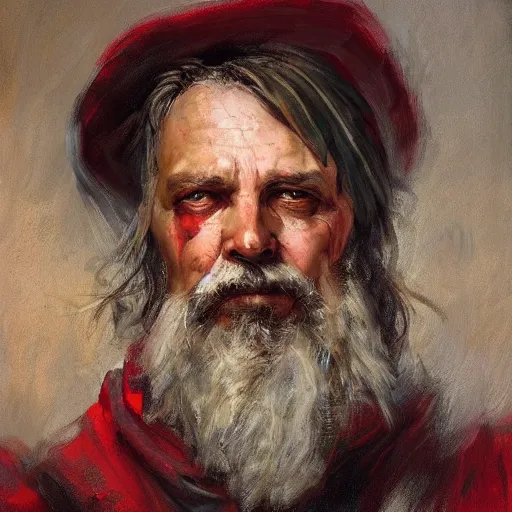 Prompt: Solomon Joseph Solomon and Richard Schmid and Jeremy Lipking victorian genre painting portrait painting of a old rugged movie actor medieval knight character in fantasy costume, red background