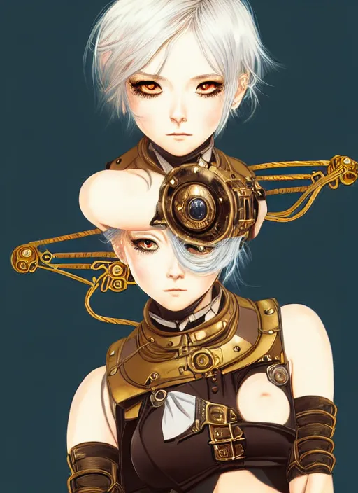 Image similar to portrait Anime girl in steampunk bikini armor, cute-fine-face, white-hair pretty face, realistic shaded Perfect face, fine details. Anime, steampunk, bioshock. realistic shaded lighting by Ilya Kuvshinov and Gustav Klimt