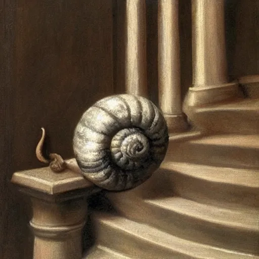 Prompt: snails on the stairs in style of vilhelm hammershoi