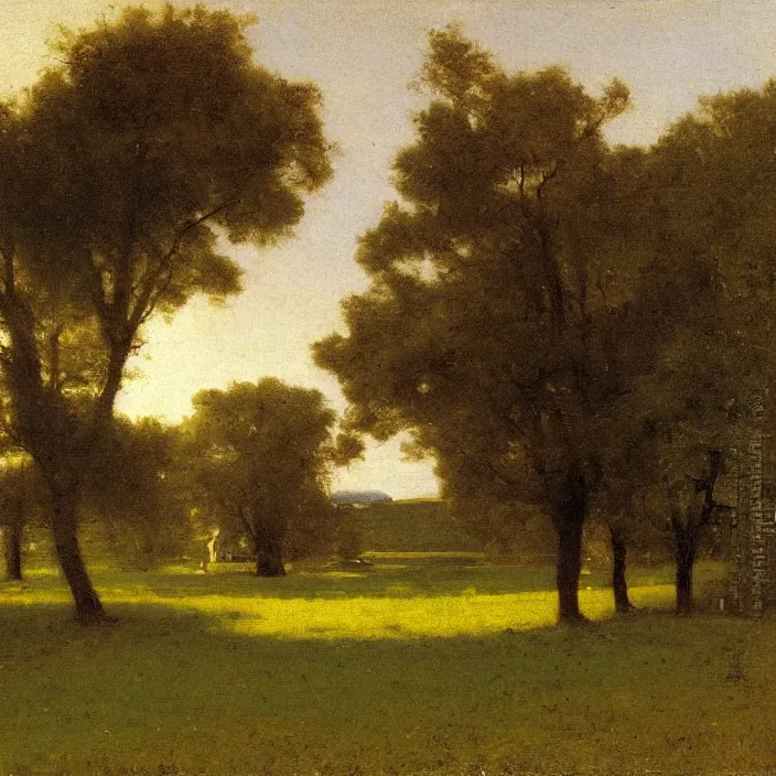 Prompt: a building in a landscape, by george inness