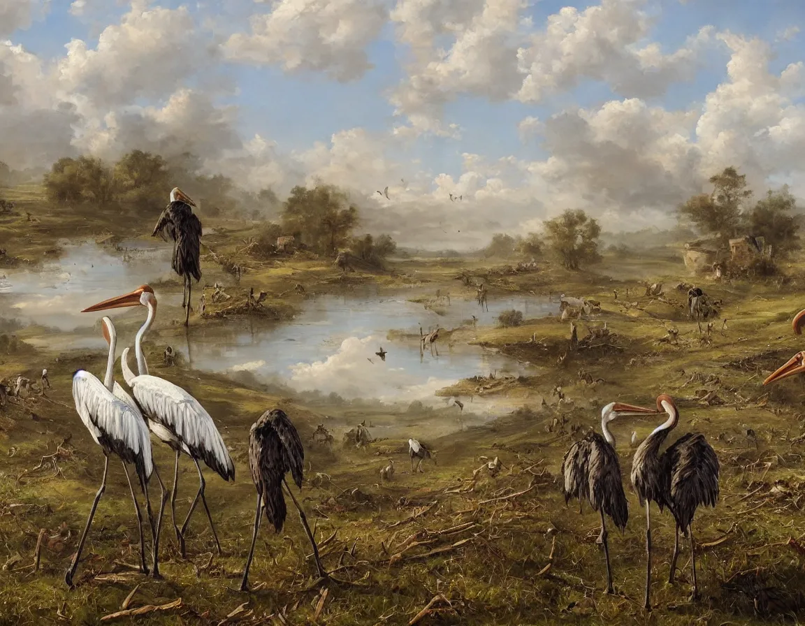 Image similar to the beautiful oil painting of the pair of storks walking by the field and looking to the destroyed weapons and war tanks, trending on artstation, digital art, highly detailed, canvas oil painting