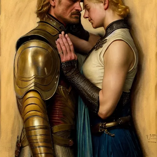 Image similar to attractive fully clothed jaime lannister confesses his love for his attractive fully clothed brienne of tarth. highly detailed painting by gaston bussiere and j. c. leyendecker 8 k