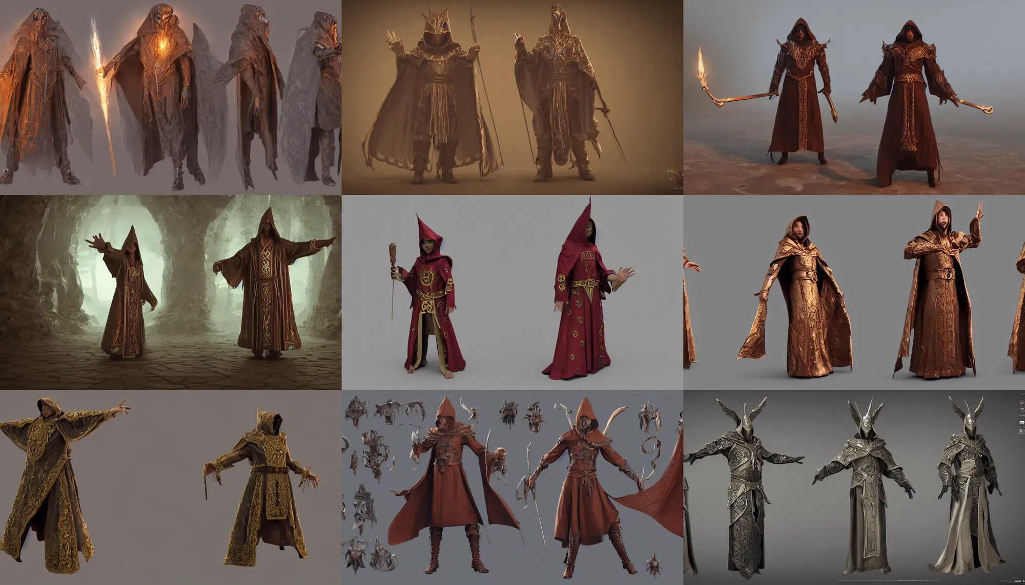 Prompt: t-pose of wizard, magic belt, elaborate cult robes, hood, character design sheet, face by Paul Rubens, character reference, TPose, cinematic concept art, t-pose, straight arms, 3d marketplace, different angles, octane render, ray tracing, unreal engine 5, DAZ, zbrush, CGSociety, 8k ultra HD,