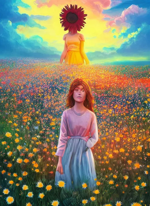 Image similar to girl face made of giant daisies, standing in a flower field, holding flowers, surreal photography, sunset dramatic light, impressionist painting, colorful clouds, large sky, digital painting, artstation, simon stalenhag