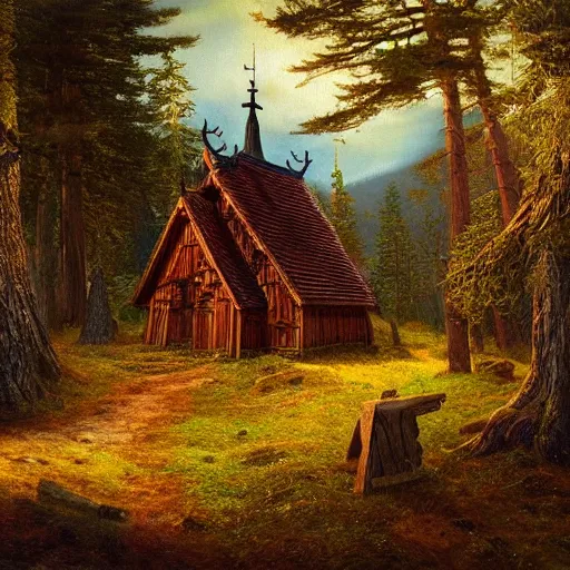 Prompt: small wooden stave church in pine forest, very detailed, focused, oil painting, colorful, cinematic lighting, canvas, artstation, Vsevolod Ivanov, Albert Bierstadt, Theodor Kittelsen