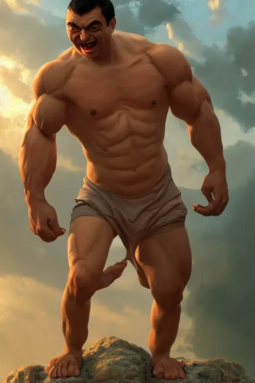 Image similar to upper body portrait of a hulking bulky swole muscular herculean chiseled mr bean rowan atkinson, cinematic lighting, photorealistic, octane render, 8 k, depth of field, 3 d, art by artgerm and greg rutkowski and alphonse mucha and uang guangjian and gil elvgren and sachin ten