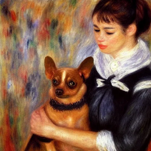 Image similar to a woman and her black and brown chihuahua by pierre - auguste renoir