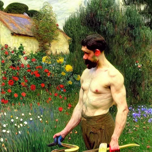 Image similar to attractive man gardening by his idyllic home, painting by tom of finland, john william waterhouse, claude monet