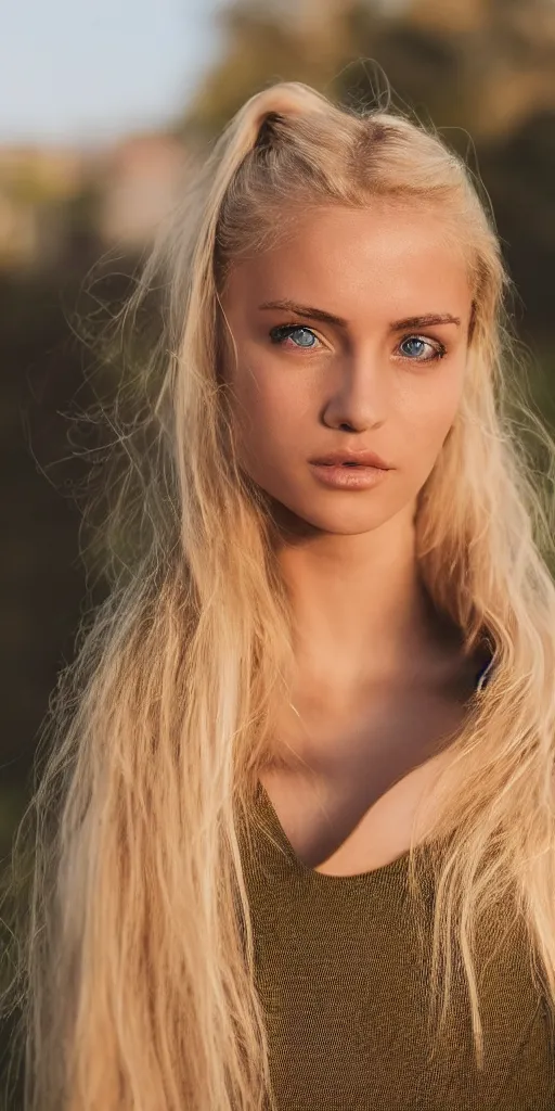 Image similar to photograph of an olive skinned blonde female model in her twenties, her hair pinned up, wearing a designer top, looking content, focused on her neck, photo realistic, extreme detail skin, natural beauty, no filter, slr, golden hour, 4 k, high definition, selfie