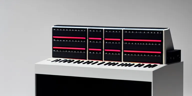 Image similar to dezeen showroom , minimalissimo, archdaily, , teenage engineering moad, mother of all decks, product design concept,product shot of moog melotron synthesizer with screen designed by jony ives, dieter rams, 8k, highly detailed photo