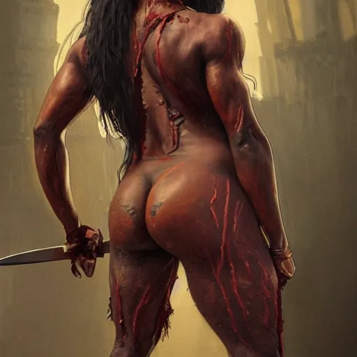 Prompt: painting of dark muscular oiled indian woman back, bloody, carrying a sword, ultra realistic, concept art, intricate details, eerie, highly detailed, photorealistic, octane render, 8 k, unreal engine. art by artgerm and greg rutkowski and alphonse mucha