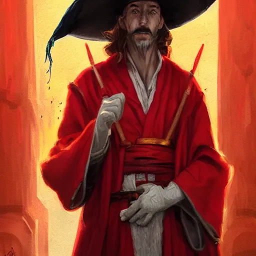 Image similar to portrait of rincewind wearing bright red wizard robe and hat by greg rutkowski