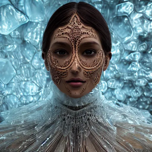 Prompt: medium shot of a regal brown woman wearing an intricate and detailed armor made of many layers of ice. haunting eyes. fragile. ethereal. elaborate. ice caves. glaciers. stalactites. dispersion. refraction. reflections. soft lighting. textures. delicate. translucent. studio portrait. photorealistic. octane render