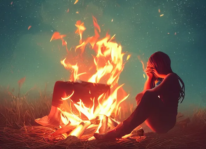 Image similar to woman sitting next to a campfire, cozy, night sky, digital art, highly detailed face, portrait, by conrad roset, by wlop, anime style, octane render