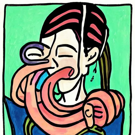 Prompt: A beautiful painting of a snake eating its own tail that seems to go on forever. by Lynda Barry, by Chantal Joffe dreary