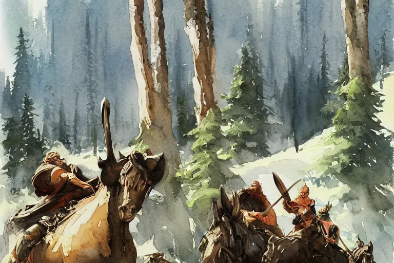 Prompt: small centered on watercolor paper, paint brush strokes, abstract watercolor painting of ancient kingdom, pine trees, viking mythology, cinematic light, american romanticism by hans dahl, by jesper ejsing, by anders zorn, by greg rutkowski, by greg manchess, by tyler edlin