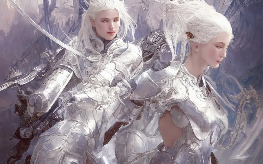 Image similar to white hair knights of zodiac girl, sliver ice color reflected armor, bushido fighting in ruined agora of athens sunrise, ssci - fi and fantasy, intricate and very very beautiful and elegant, highly detailed, digital painting, artstation, concept art, smooth and sharp focus, illustration, art by tian zi and wlop and alphonse mucha