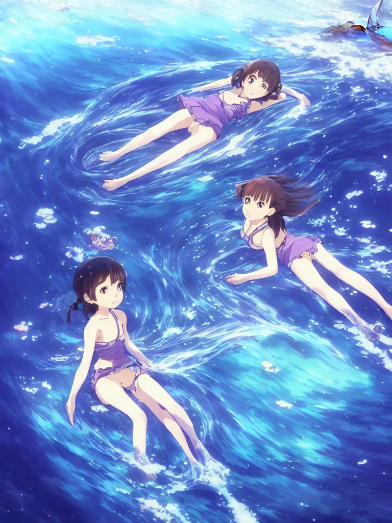 Image similar to a panorama view under the water, anime art full body portrait character concept art, hyper detailed cg rendering of a cute girl and whale, anime key visual of children of the sea, finely detailed perfect face, style of raphael lacoste, makoto shinkai, violet evergarden, studio ghibli, james jean, hayao miyazaki, extremely high quality artwork