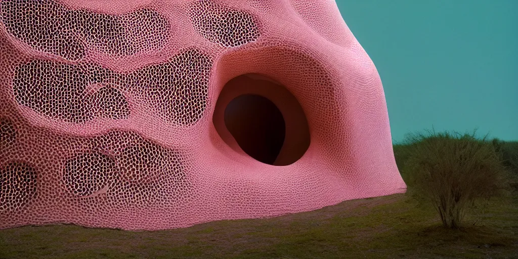 Prompt: biomorphic honeycomb building by ernesto neto, light - mint with light - pink color, 4 k, insanely quality, highly detailed, film still from the movie directed by denis villeneuve with art direction by zdzisław beksinski, telephoto lens, shallow depth of field