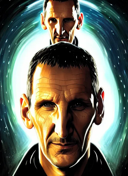 Prompt: portrait of christopher eccleston as the ninth doctor from doctor who, intricate, elegant, glowing lights, highly detailed, digital painting, artstation, concept art, smooth, sharp focus, illustration, art by wlop, mars ravelo and greg rutkowski