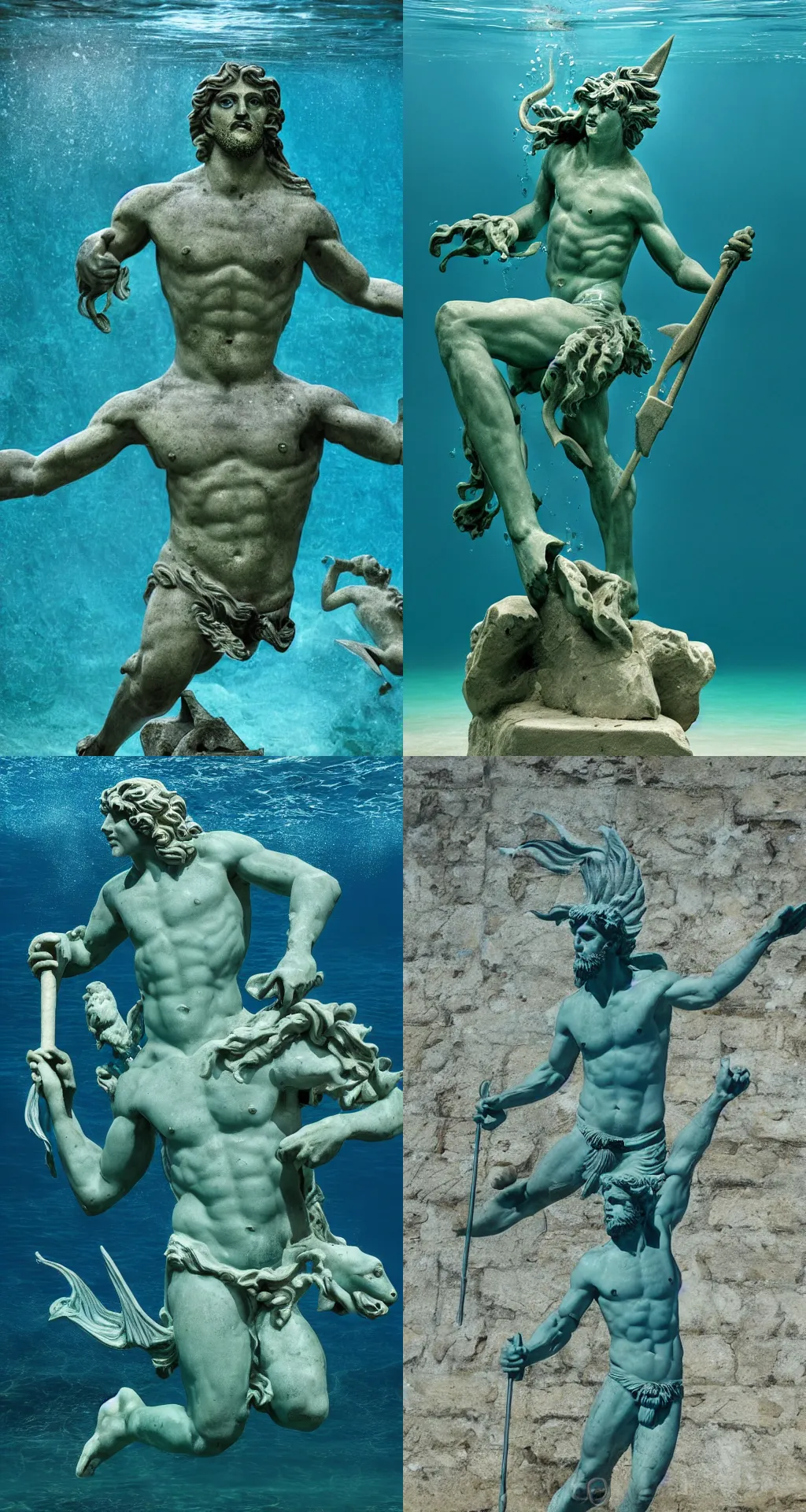 Prompt: fish swimming, ancient greek sculpture poseidon statue with trident submerged underwater, photorealistic, blue and green water