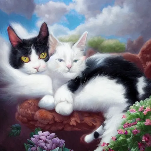 Image similar to a black and white cat and a tri-color calico cat sleeping peacefully together in cat heaven, puffy clouds, dreamy, painted by Tyler Edlin, very very very very crispy