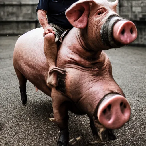 Image similar to portrait of an elderly man riding a pig, canon eos r 3, f / 1. 4, iso 2 0 0, 1 / 1 6 0 s, 8 k, raw, unedited, symmetrical balance, wide angle