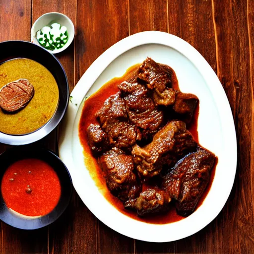 Prompt: rendang babi, photograph food