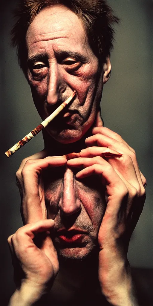 Prompt: award winning photo of john zorn smoking, vivid colors, scary, symmetrical face, beautiful eyes, studio lighting, wide shot art by Sally Mann & Arnold Newman