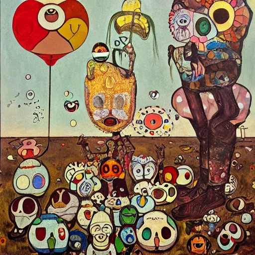 Image similar to an oil painting by Gary Baseman and Egon Schiele and Takashi Murakami