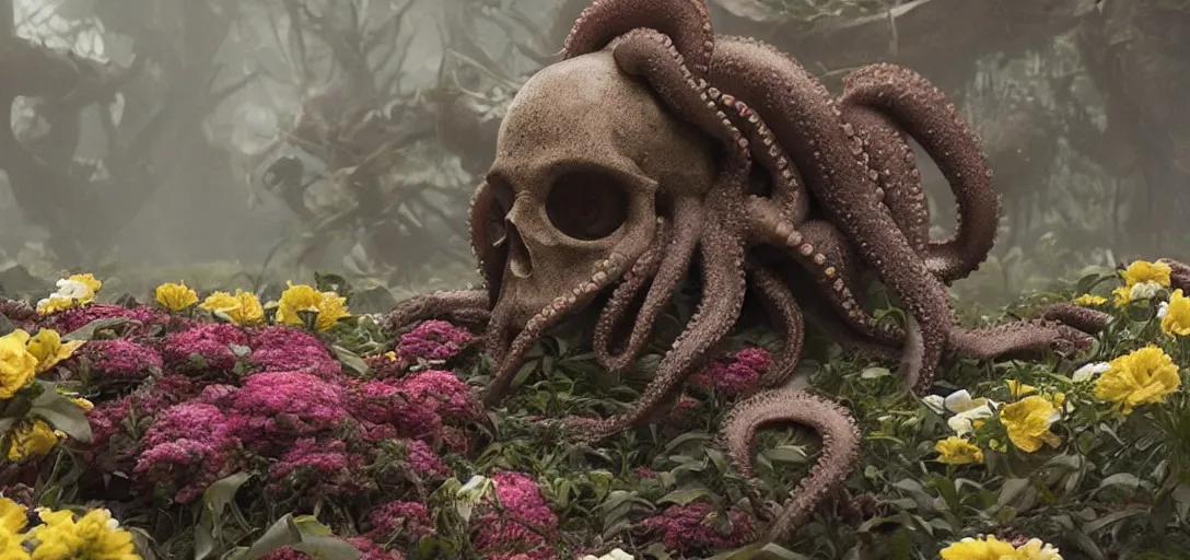 Prompt: an octopus in the shape of a skull surrounded by flowers at noon, foggy!, cinematic shot, photo still from movie by denis villeneuve, wayne barlowe