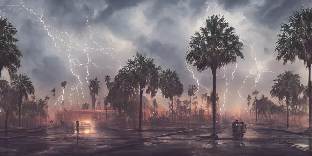 Prompt: thunderstorm in marrakech, palm trees, lightning, tsunami, flying vehicles, moroccan mosque, wlop, james jean, tom bagshaw, rococo, trending on artstation, fantasy, intricate, elegant, highly detailed, digital painting, concept art, smooth, illustration, cinematic lighting, hyper realism, octane render, 8 k, hyper detailed.