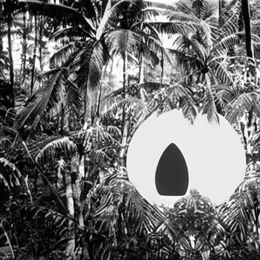 Image similar to a rizom lost film footage of a ( ( ( ( ( sphere ) ) ) ) ) in the middle of the tropical jungle / tribalism / film still / cinematic / enhanced / 1 9 2 0 s / black and white / grain