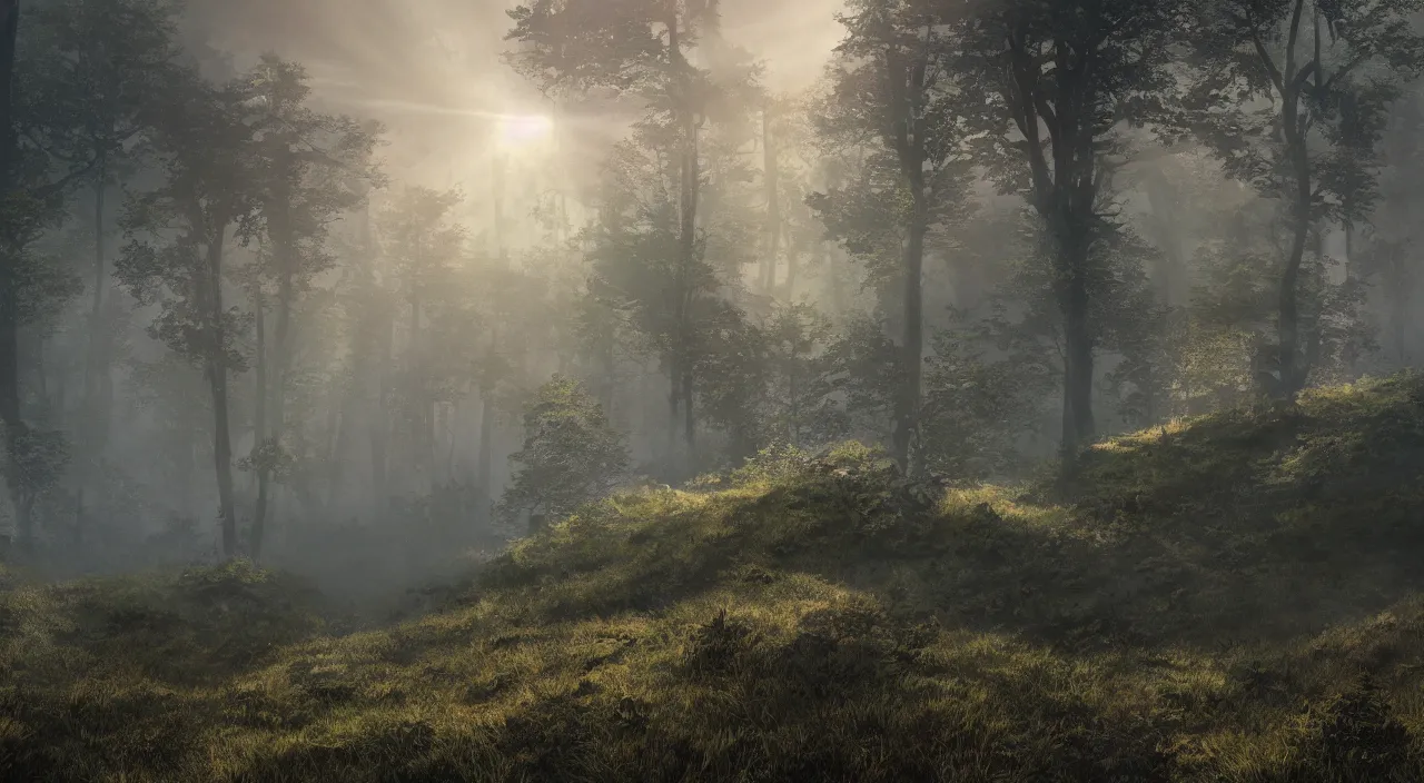 Image similar to photorealistic matte painting of me burns standing far in misty overgrowth undergrowth jagged rock features volumetric fog light rays high contrast dawn