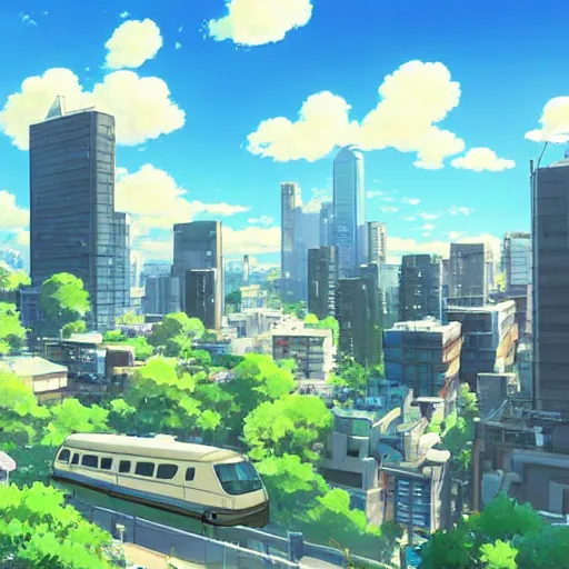 Image similar to Overlooking a modern city, summer sunny day, by Makoto Shinkai, super wide angle, high quality