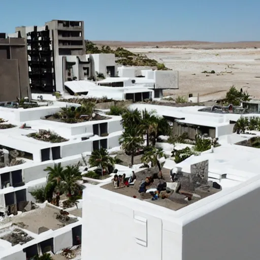 Image similar to habitat 6 7, white lego architect hotel in the dessert, many plants and infinite pool