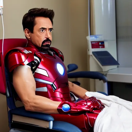 Image similar to iron man lying in a hospital bed getting treatment from doctor house