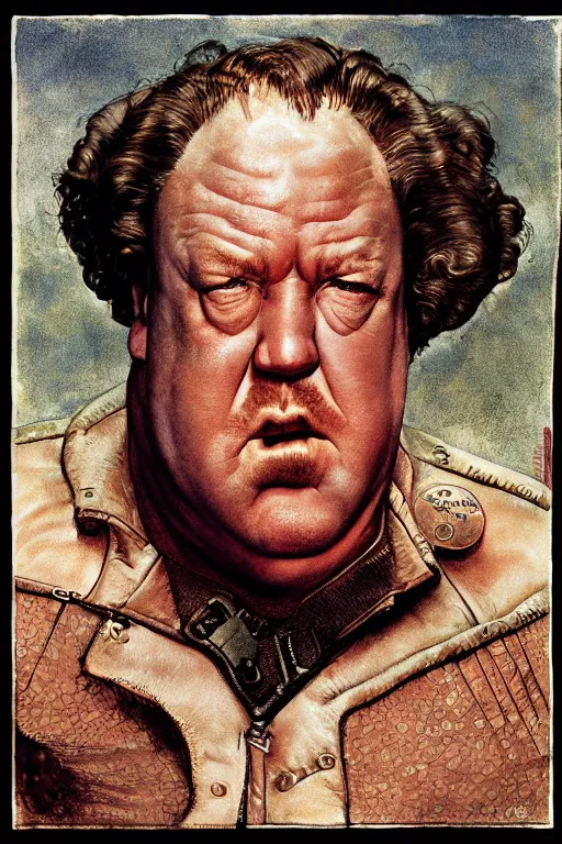 Image similar to dynamic upper body portrait of ray winstone as baron harkonnen in 1982 movie dune, by norman rockwell and boris vallejo