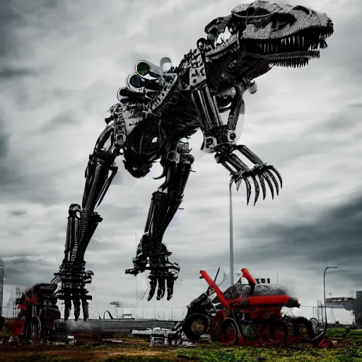 Image similar to mechanical battle T-Rex being constructed, welding sparks raining down, high contrast, HDR, photo, detailed, 4k