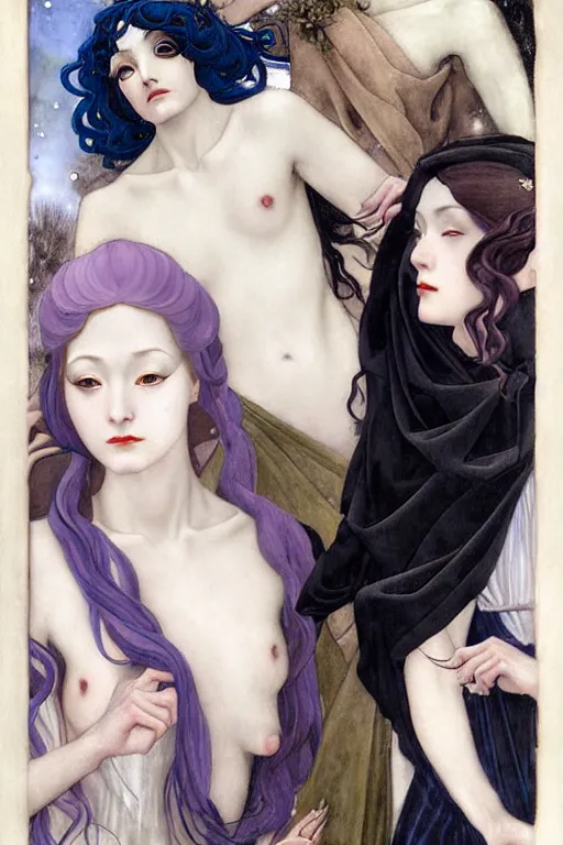 Image similar to 3 Winter Deities, (one representing each month of December, January, and February), in a mixed style of Æon Flux, Peter Chung, Botticelli, and John Singer Sargent, inspired by pre-raphaelite paintings, shoujo manga, and cool Japanese street fashion, sparse Winter landscape, dark and moody colors, hyper detailed, super fine inking lines, dramatic color, 4K extremely photorealistic, Arnold render