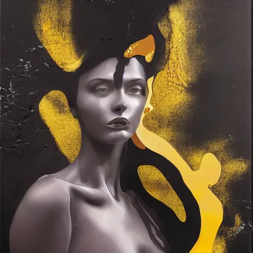 Image similar to liquid marble acrylic fluid paint, portrait, golden and black liquid materials, abstract art, beautiful female model standing, semi realism, surreal