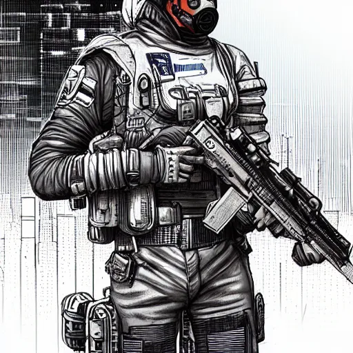 Image similar to a cyberpunk soldier with tactical gear and a rifle on mars, Industrial Scifi, detailed illustration, character portrait, by Martin Grip and Moebius