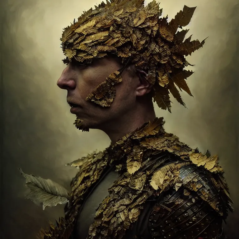 Image similar to old tintype portrait of a realistic complete armour made of leaves, dramatic light, dystopian environment, intricate, elegant, highly detailed, centered headdress, artstation, sharp focus, artgerm, tomasz alen kopera, peter mohrbacher, donato giancola, joseph christian leyendecker, wlop, boris vallejo, frank frazetta